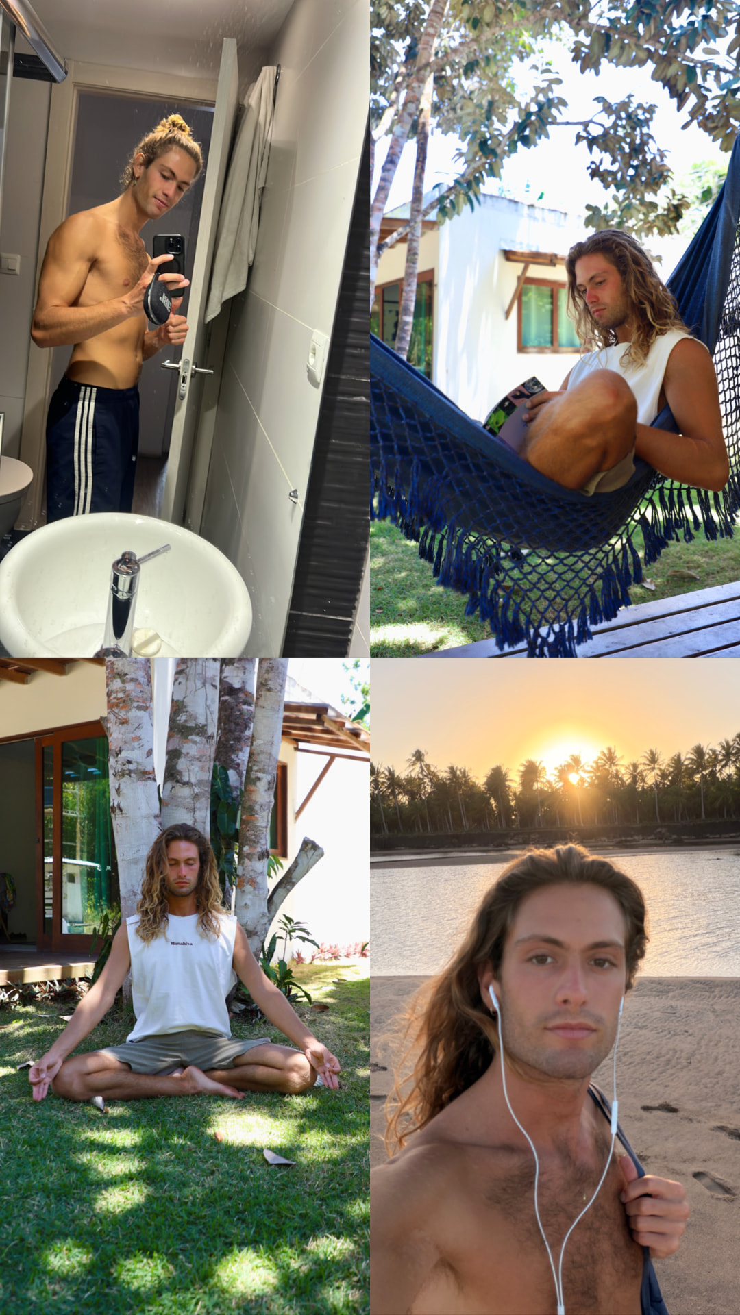 Collage de cuatro fotos de la vida actual de Martín: una selfie frente a un espejo, leyendo en una hamaca, meditando sobre el césped y una selfie en la playa al atardecer